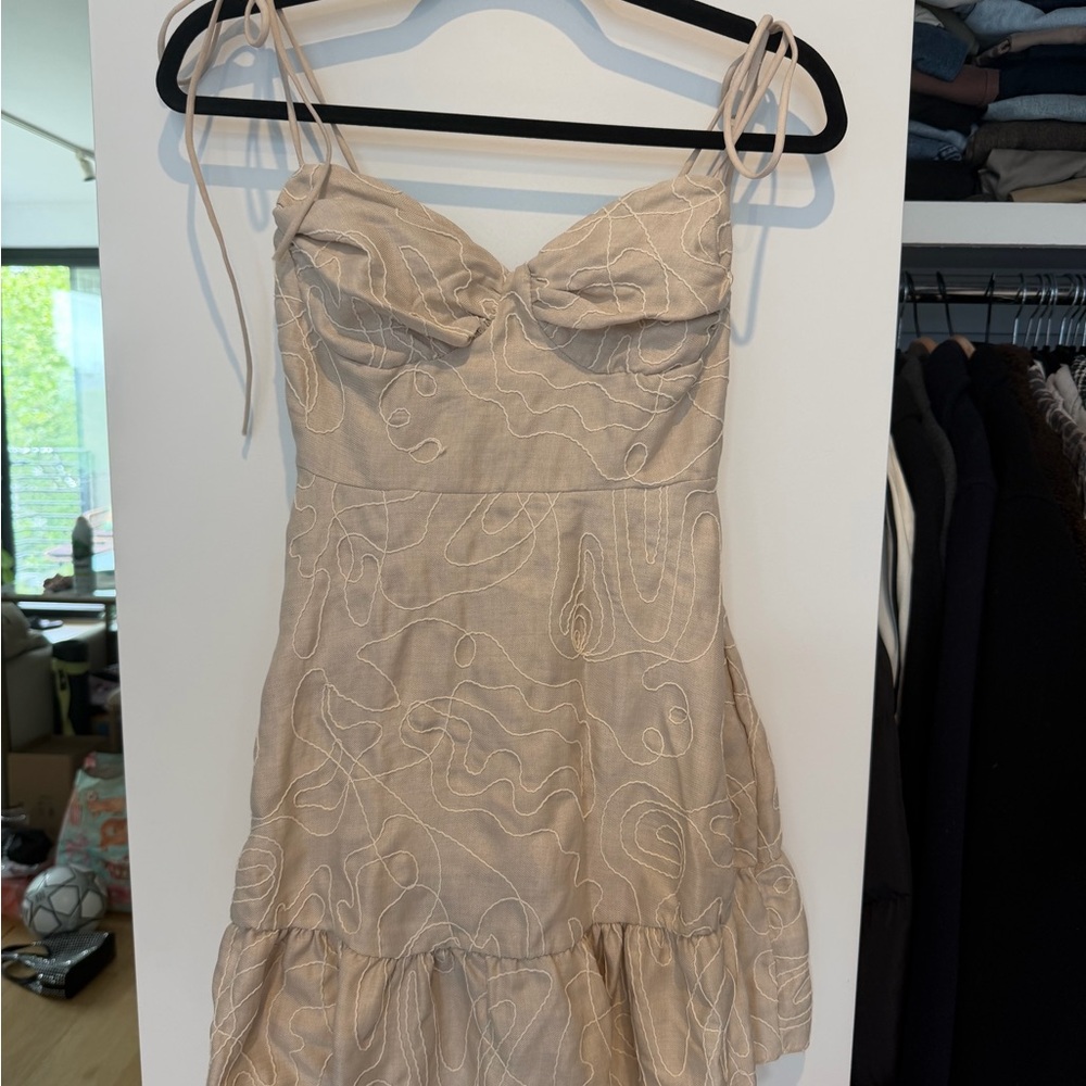 Beige Tie-Strap Embroidered Sundress